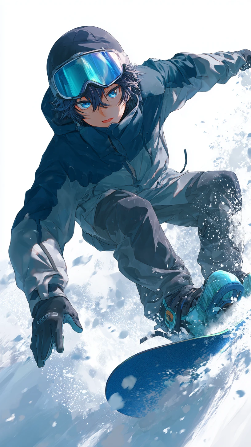 Snowboardeur animé taillant la neige dans de fraîches teintes de bleu