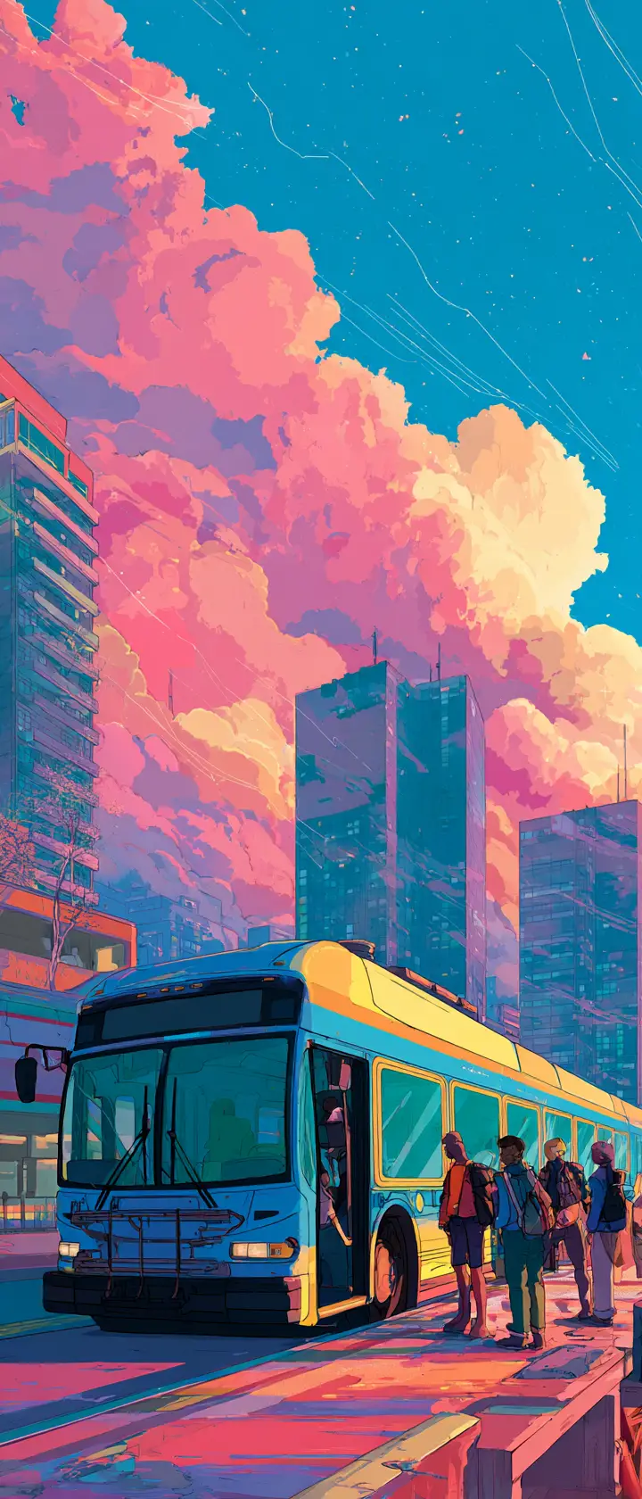 春日晚間的繽紛動畫城市公車場景