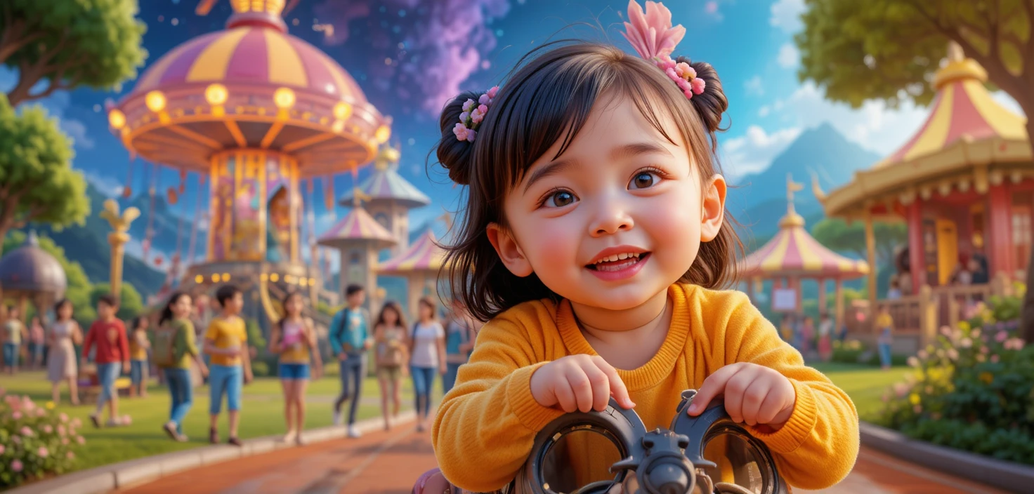 Joyful families at a colorful amusement park illustration