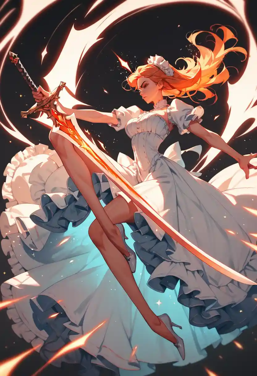 Beautiful warrior woman with sword in dynamic action pose
