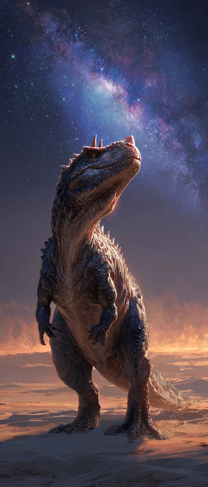 Dinossauro majestoso em dunas alienígenas sob um pôr do sol binário