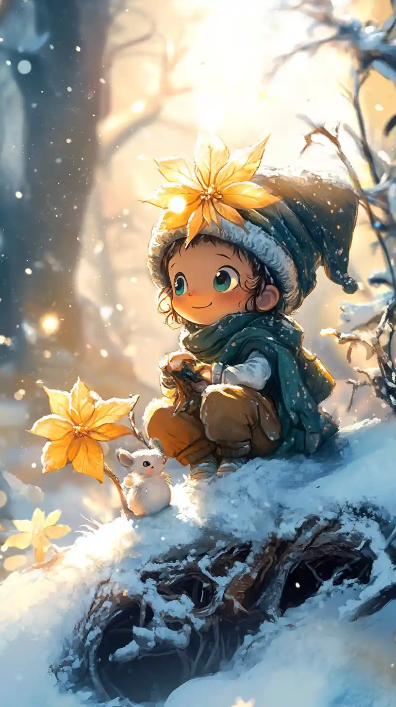 Niedliche Winterblume und Elf in einer verschneiten Straße