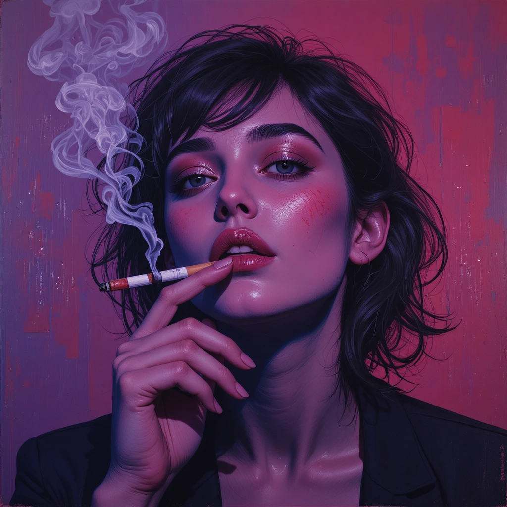 Moody painting of a person pointing with a lit cigarette
