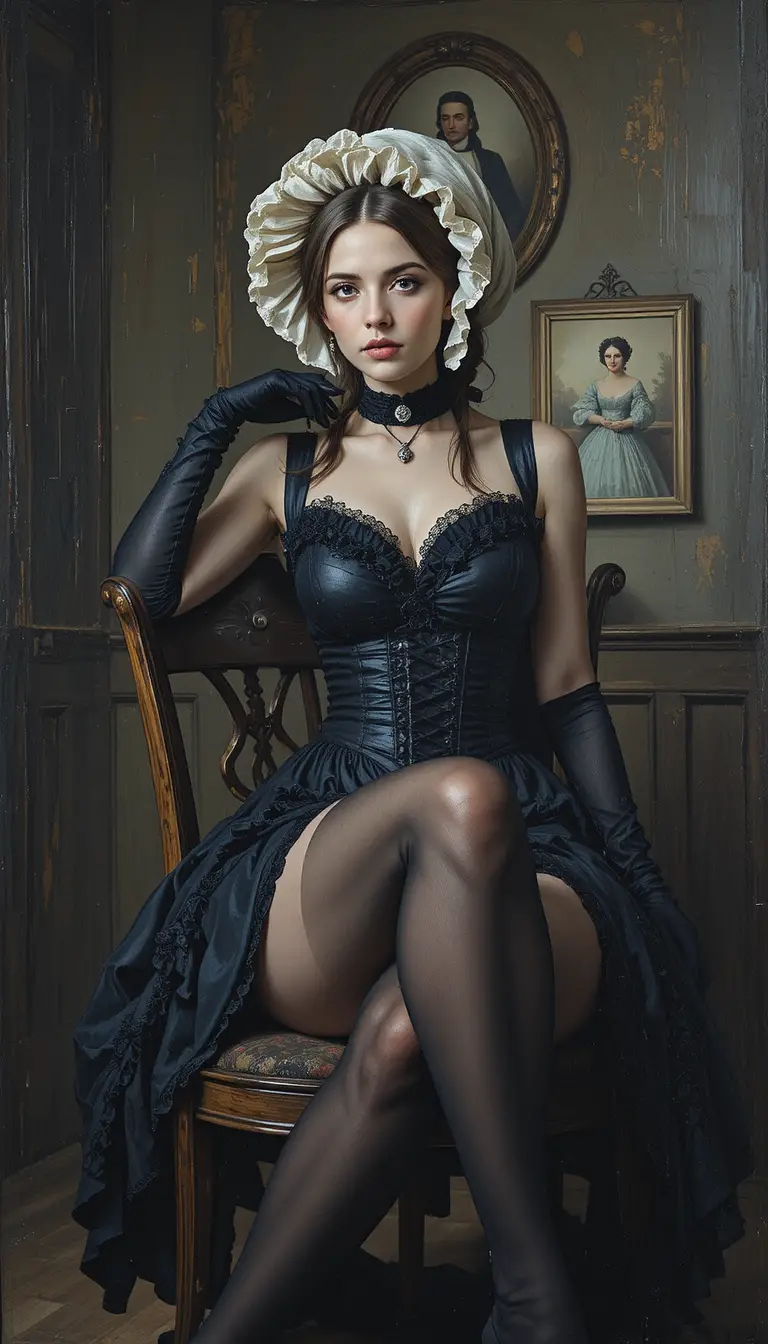 Mulher gótica de vestido preto sentada em interior vintage