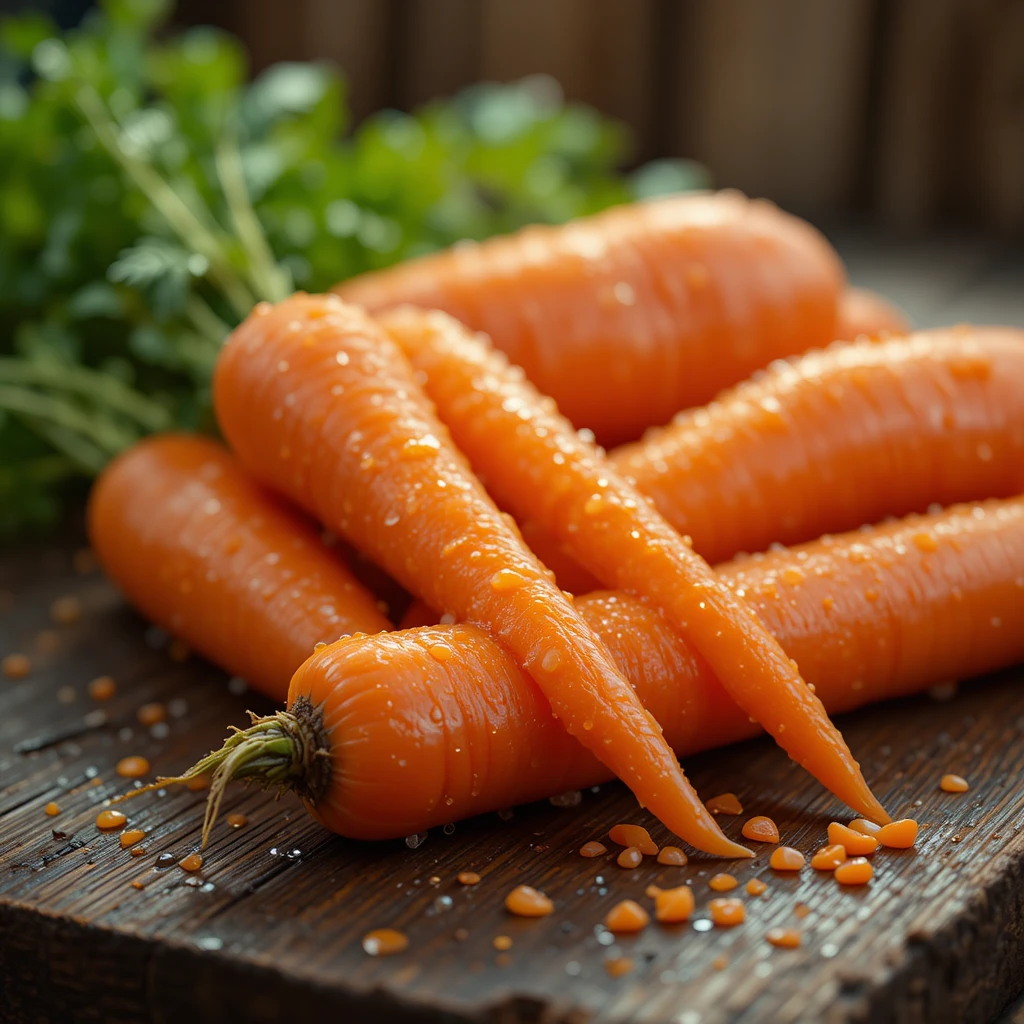 Fresh carrots with water droplets on rustic wooden surface