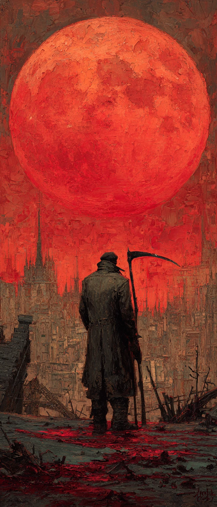 Porteur solitaire de faux sous un ciel de pleine lune cramoisie