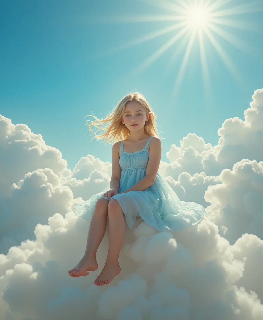 Giovane ragazza seduta su una nuvola luminosa nel cielo