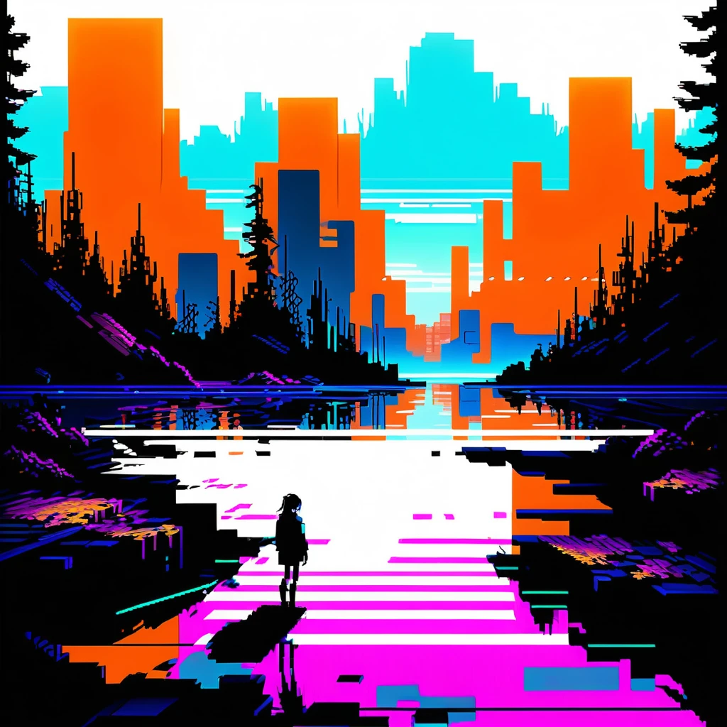 Paesaggio malinconico glitch con sovrapposizioni di pixel rotti