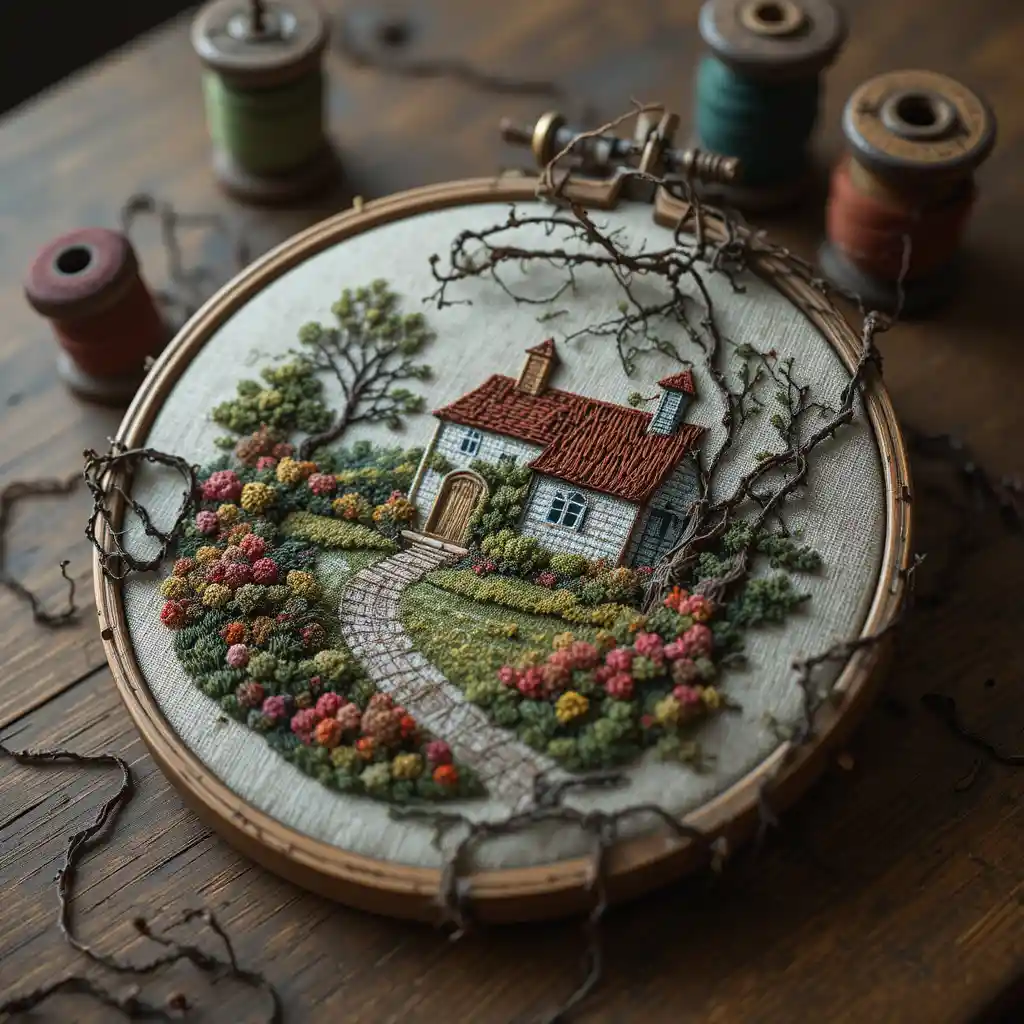 Embroidery Hoop With Cottage Scene And Creeping Vines