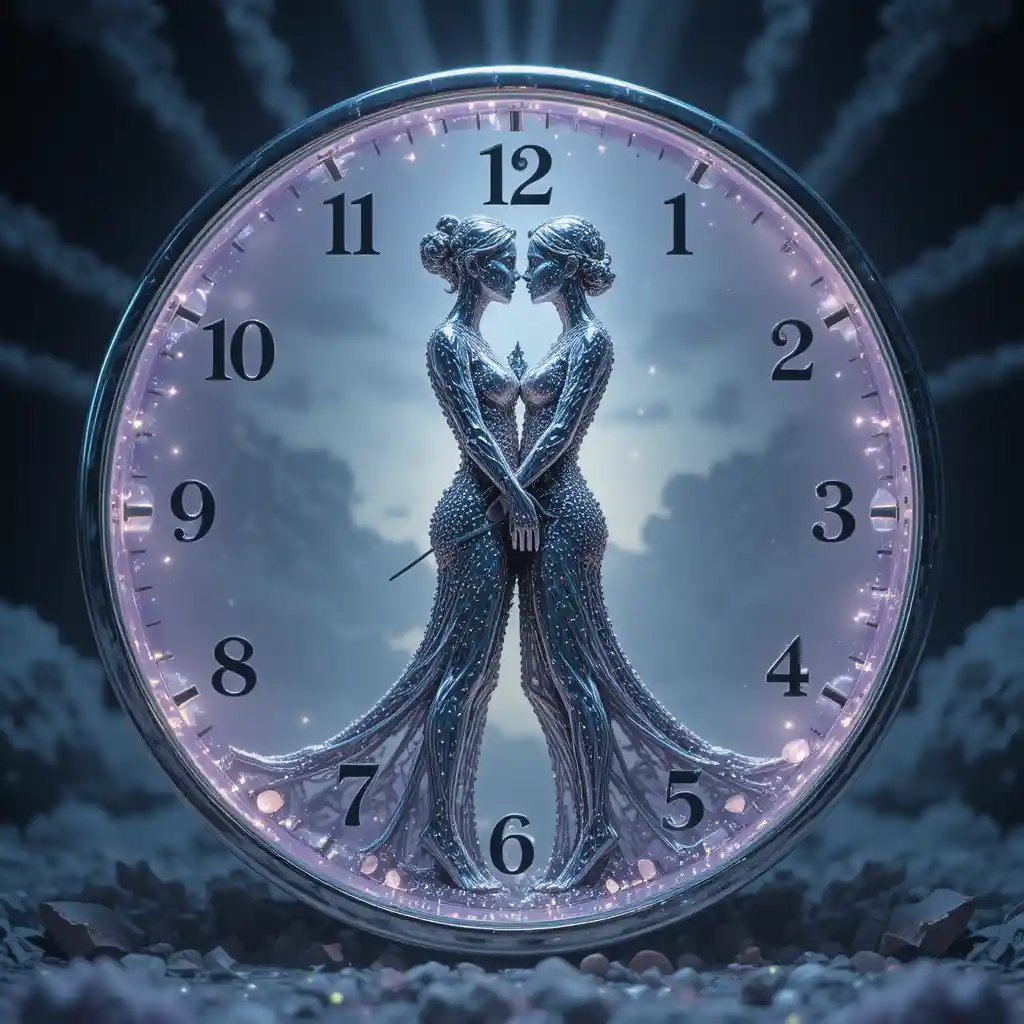 Horloge surréaliste aux lunes lumineuses et figures d’argent fondantes
