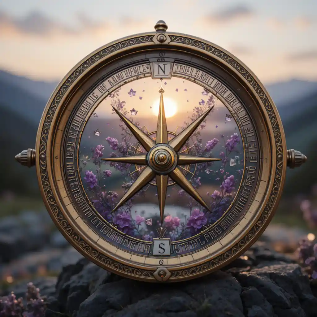 Vintage brass compass pointing toward a glowing sunrise horizon