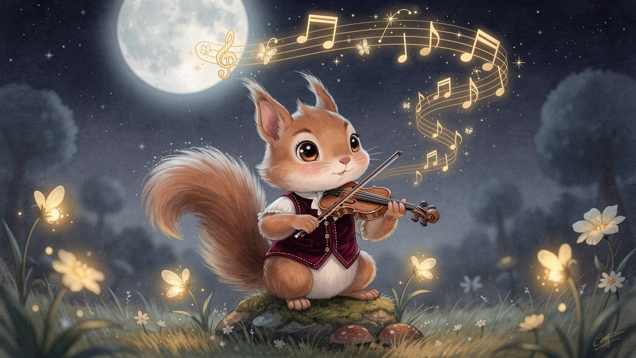 Scoiattolo chibi che suona il violino sotto un cielo notturno incantato