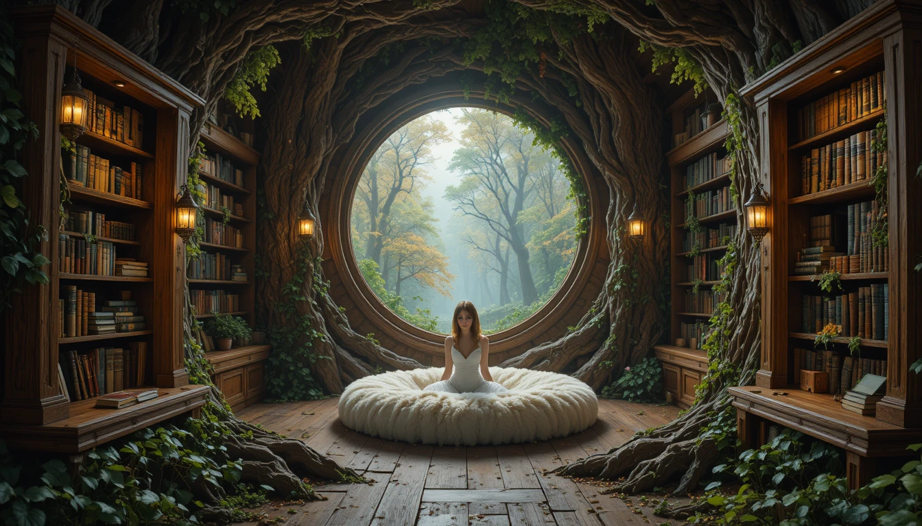 Cozy reading nook inside a colossal living oak tree