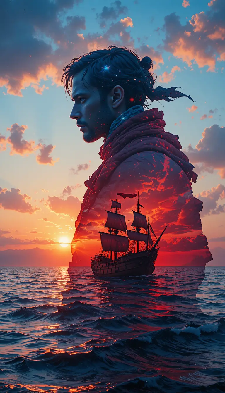 Retrato surreal de um marinheiro medieval com silhueta de navio