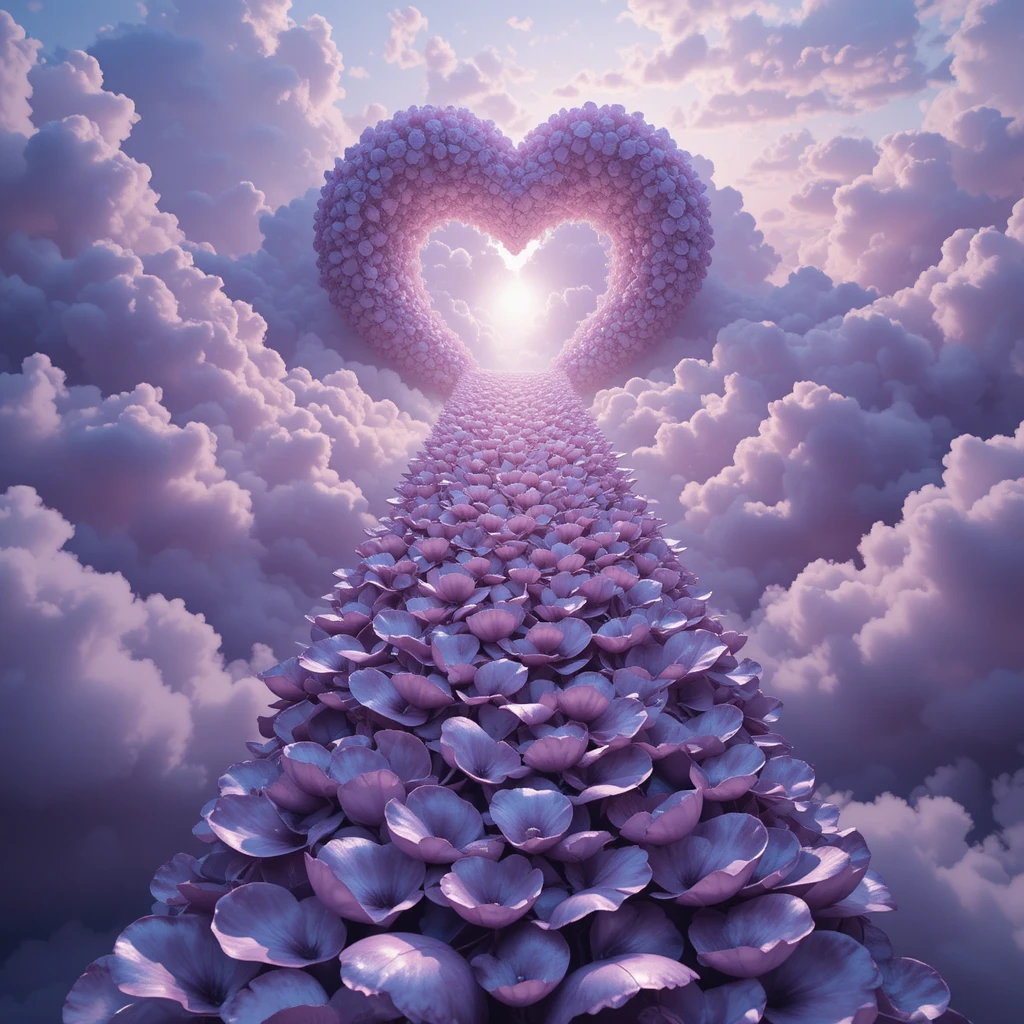 Floating metallic staircase rising through soft mauve clouds