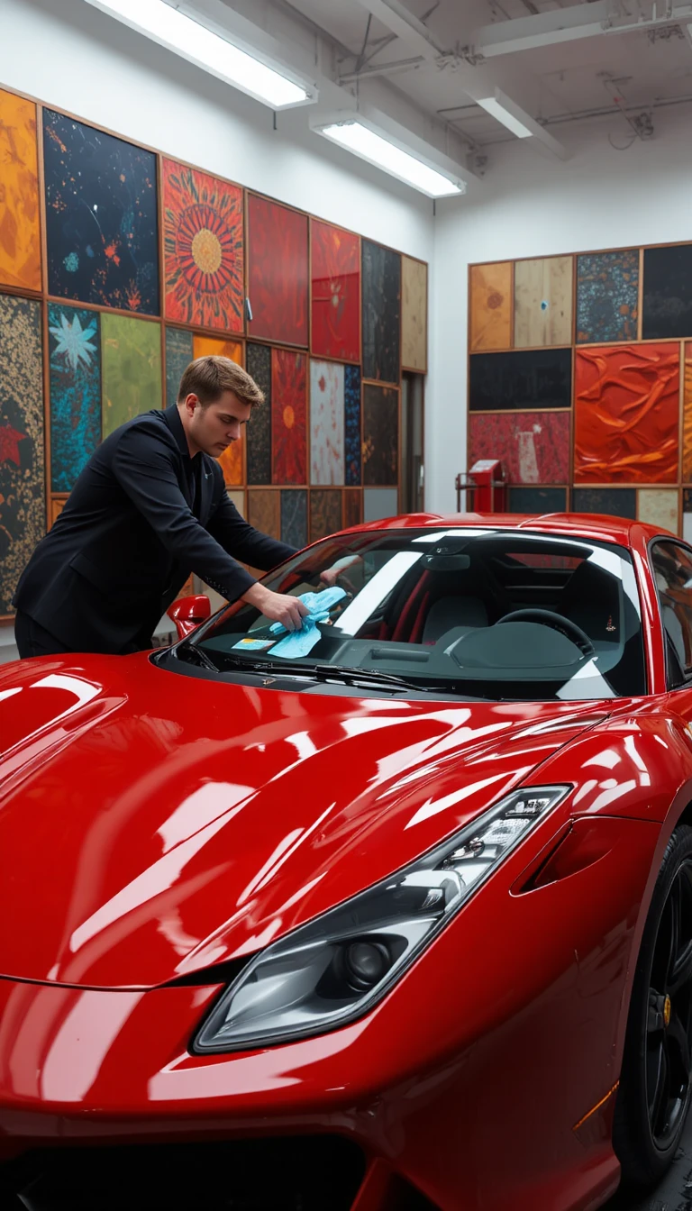 SUV Ferrari detalhado em oficina moderna e colorida