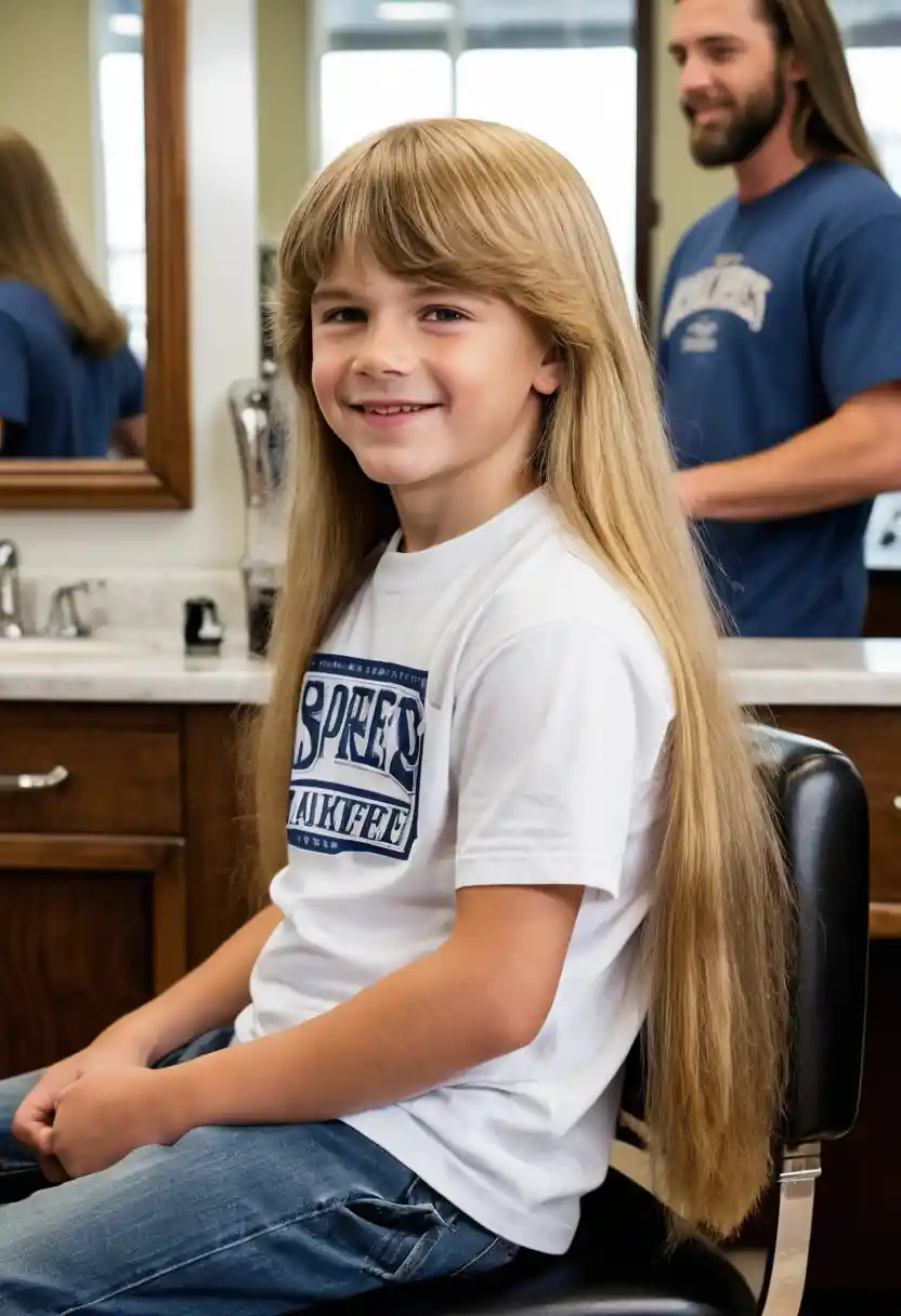 Smiling boy with extremely long mullet in barbershop chair