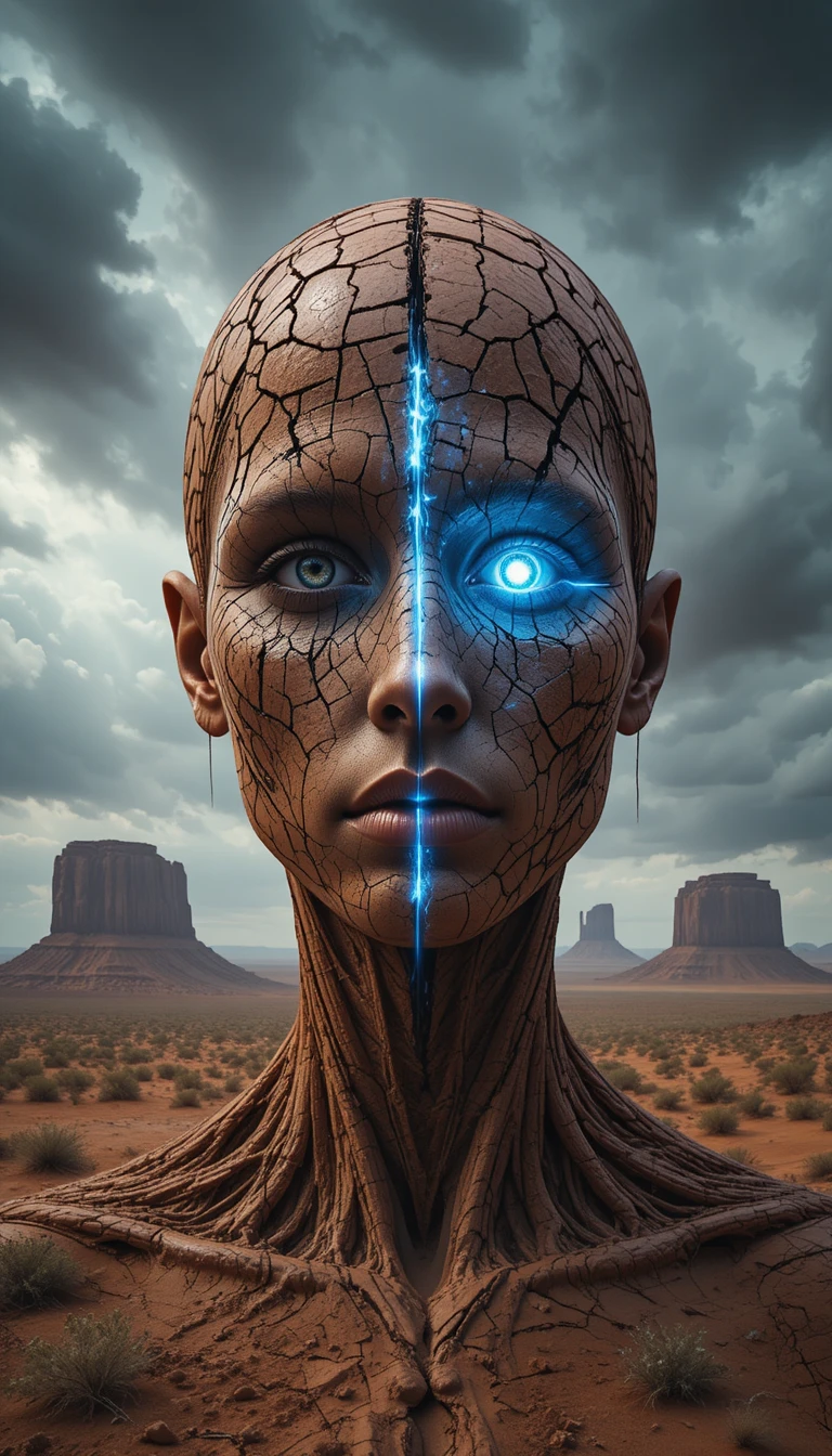 Surreales, rissiges menschliches Gesicht in einer stürmischen Wüstenlandschaft