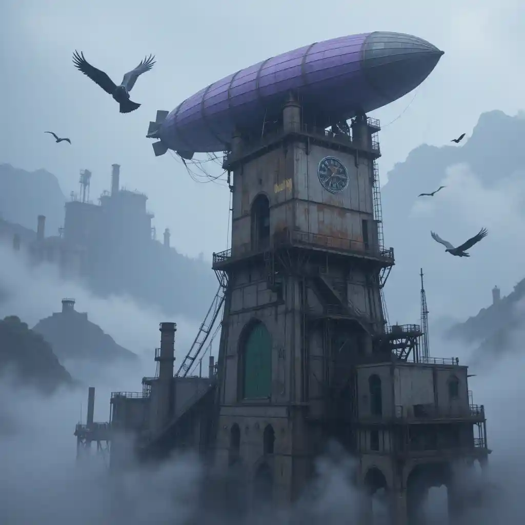 Misty Zeppelin Docking Tower Above An Industrial City