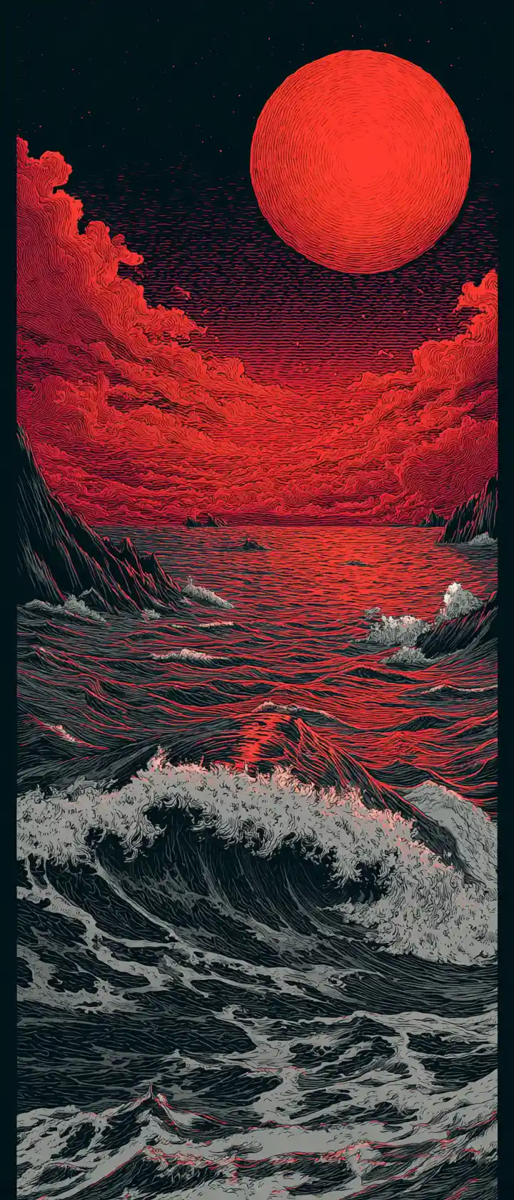 Serigrafia ao pôr do sol de oceano turbulento e lua vermelha nascente