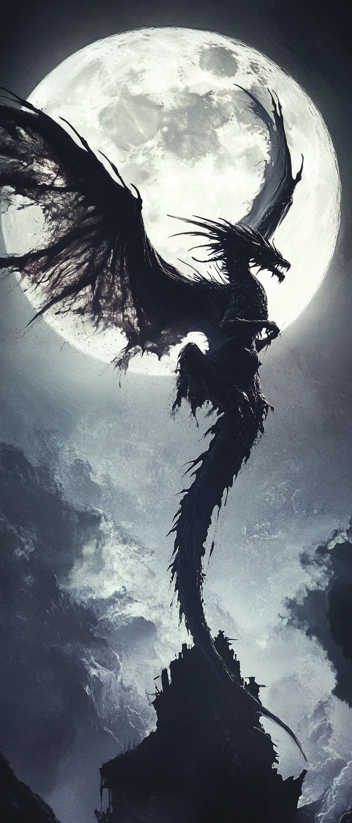 Ominous dragon soaring before a glowing full moon