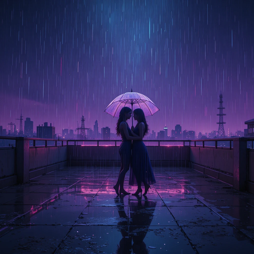 Casal dançando descalço em um rooftop neon chuvoso à noite