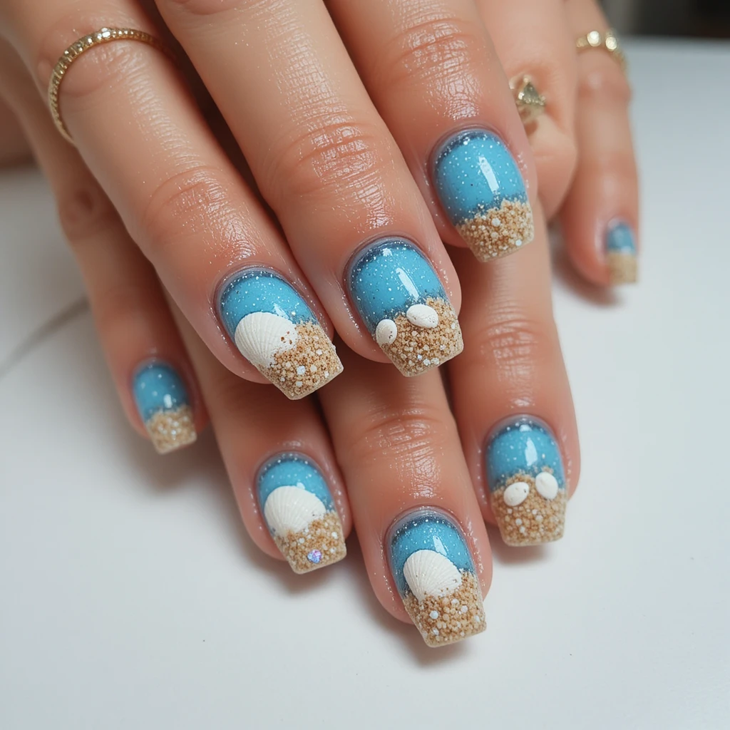 Beach themed nail art with sand tips and seashells