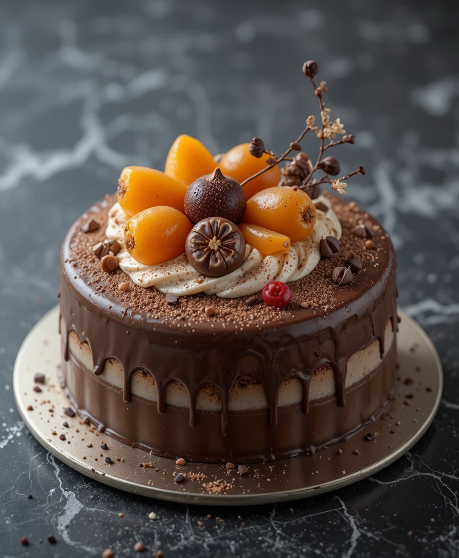 Stück Schokoladenkuchen mit Schlagsahne und frischen Erdbeeren