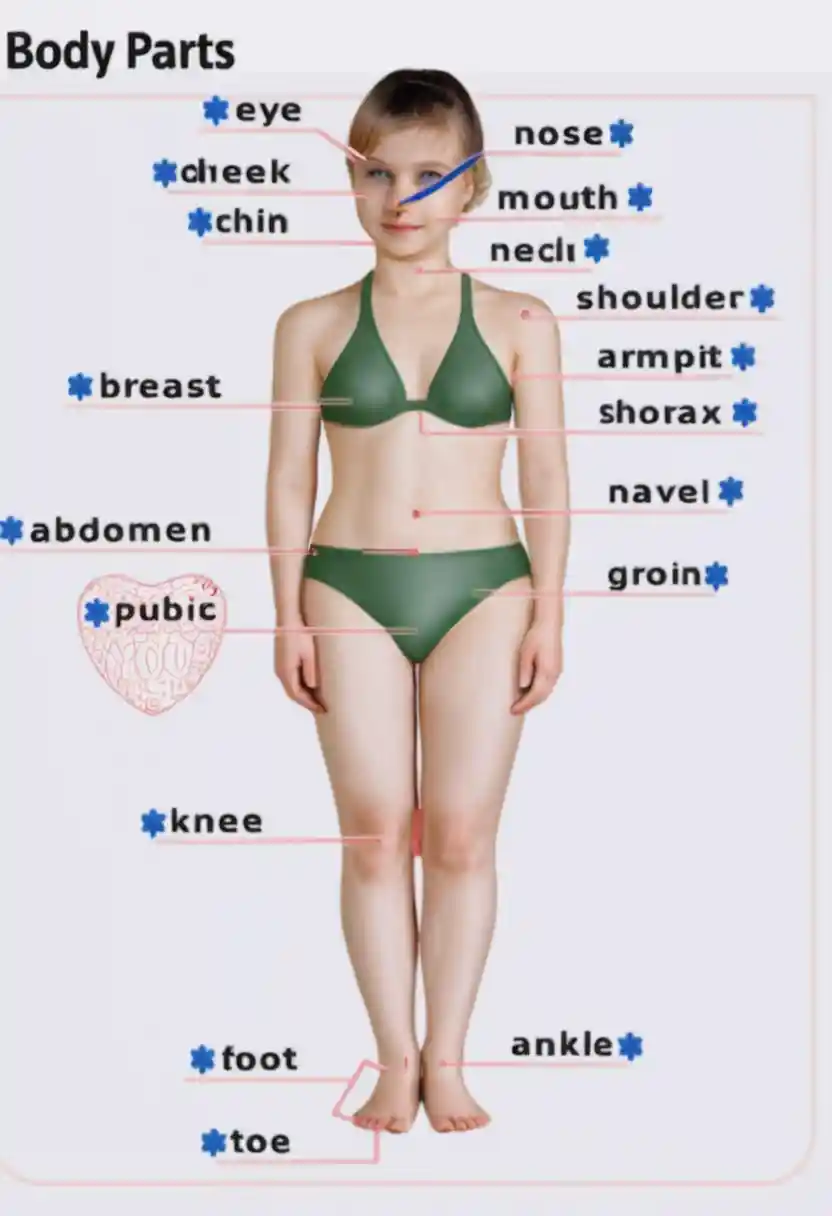 Ilustración educativa de anatomía con partes del cuerpo femenino etiquetadas