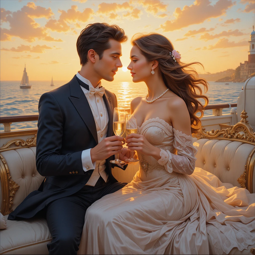 Coppia romantica su yacht di lusso al tramonto luminoso