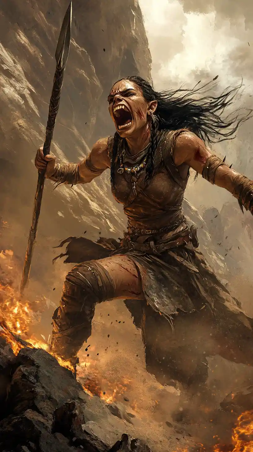 Fierce orc warrior woman shouting with raised spear