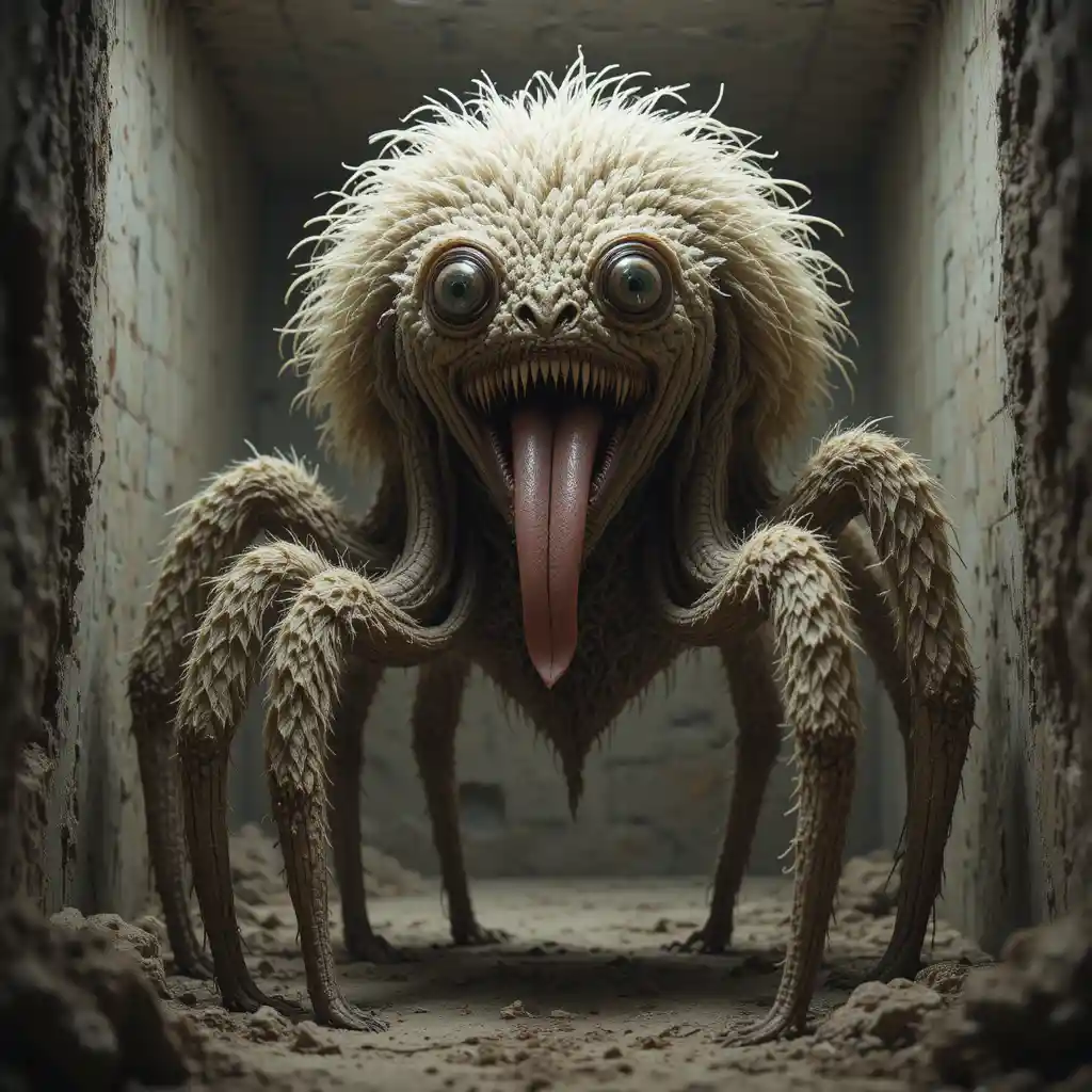 Tall multi limbed monster standing alone inside a bunker