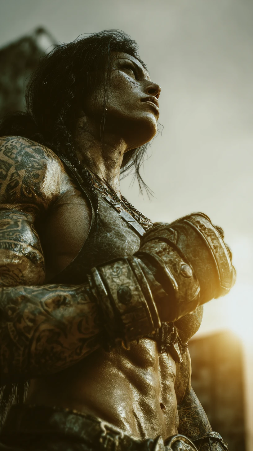 Muscular female warrior in golden armor in ruined city
