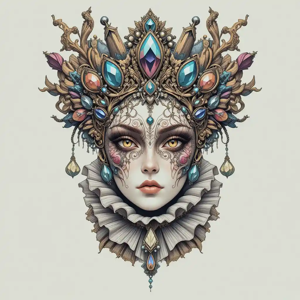 Máscara surreal com joias, coroa ornamentada e gola volumosa