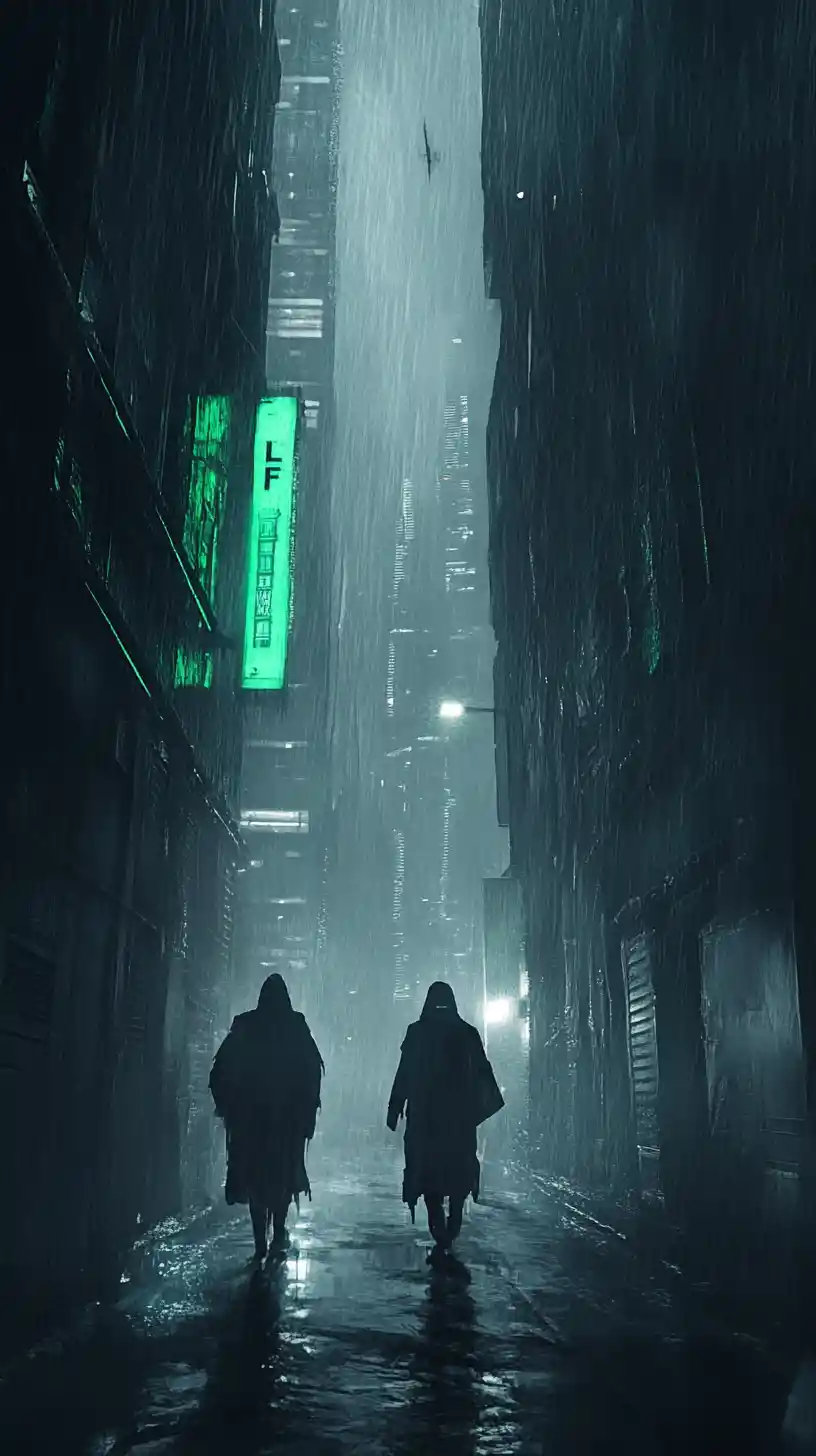 Two figures walking down a rainy alley between skyscrapers