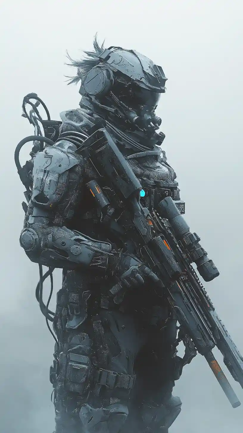 Soldat de science‑fiction blindé avec arme lourde sur un champ de bataille brumeux