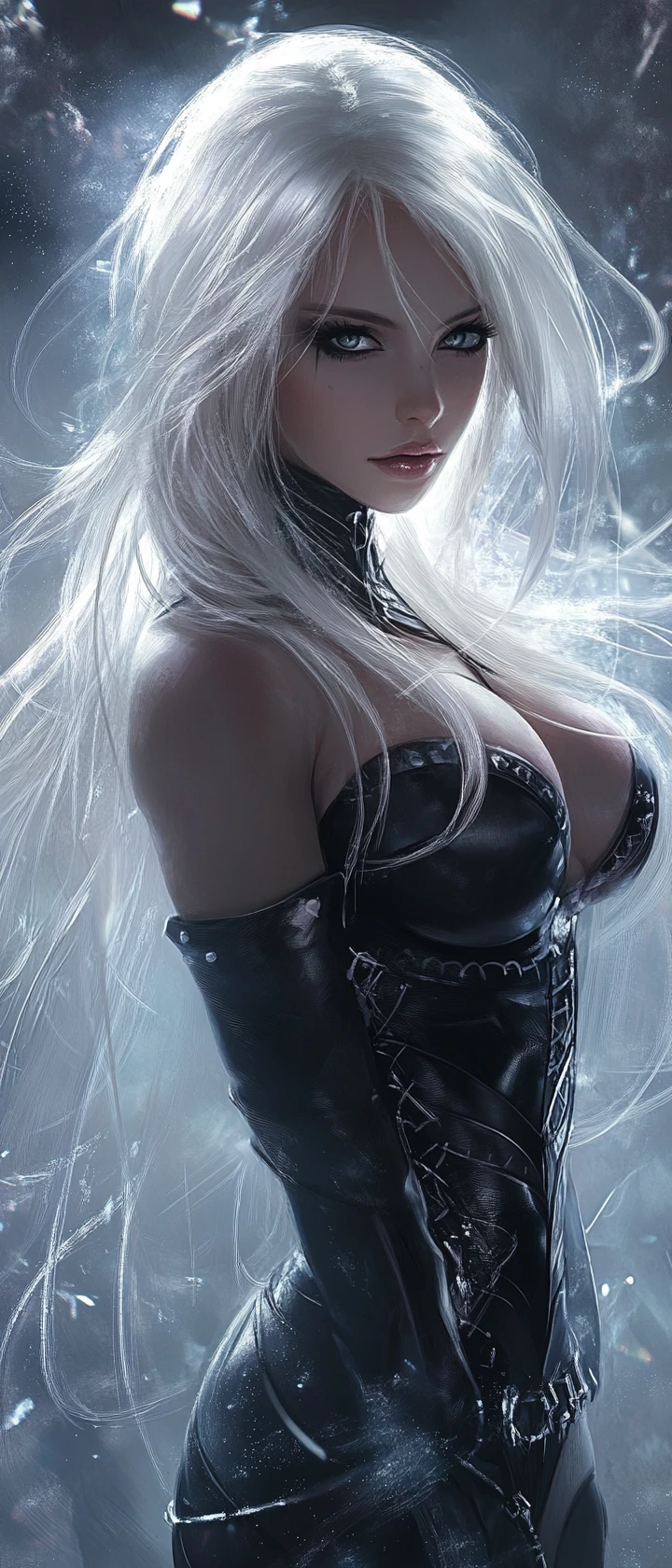 Guerrière amazone en anime avec corset en cuir noir et brume
