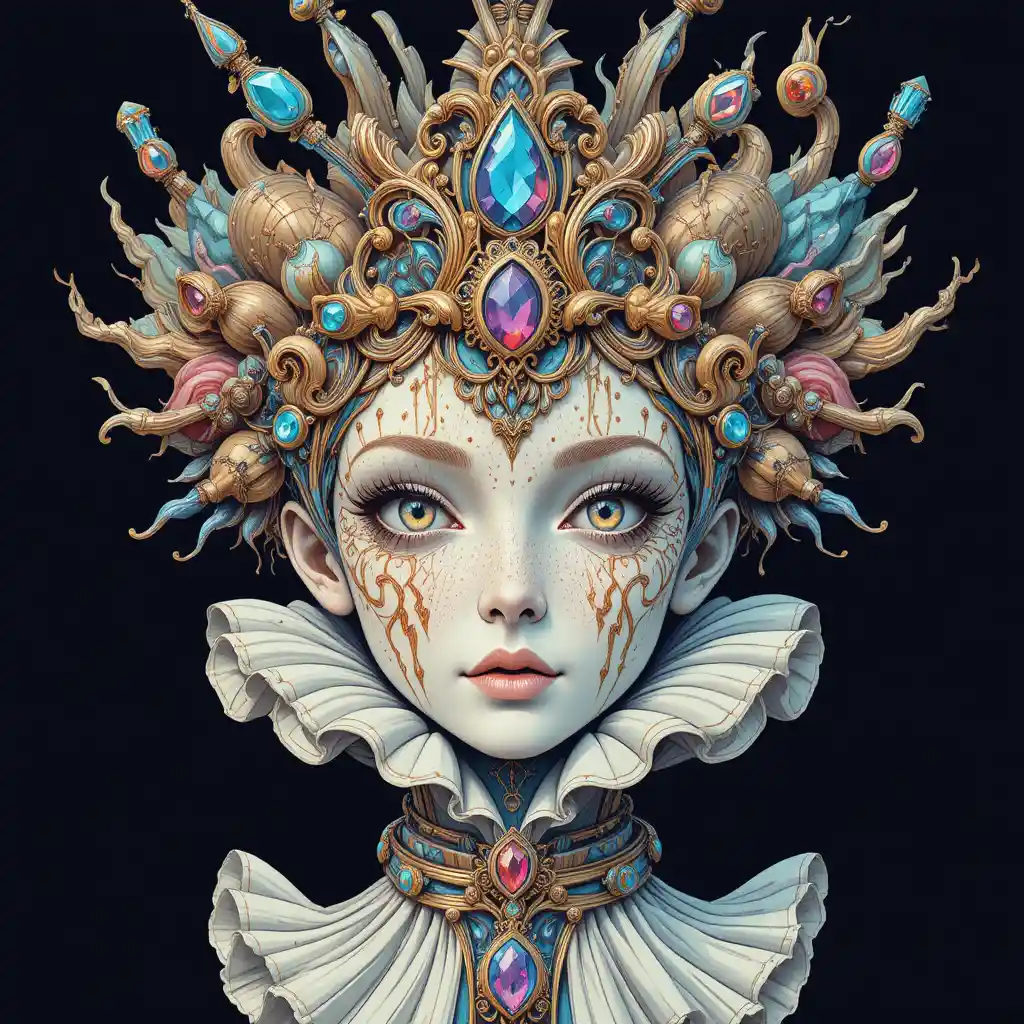 Surreal jeweled mask with ornate crown and ruffled collar
