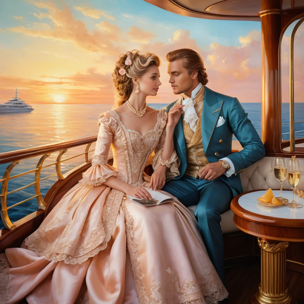 Romantic couple on a luxury yacht at glowing sunset