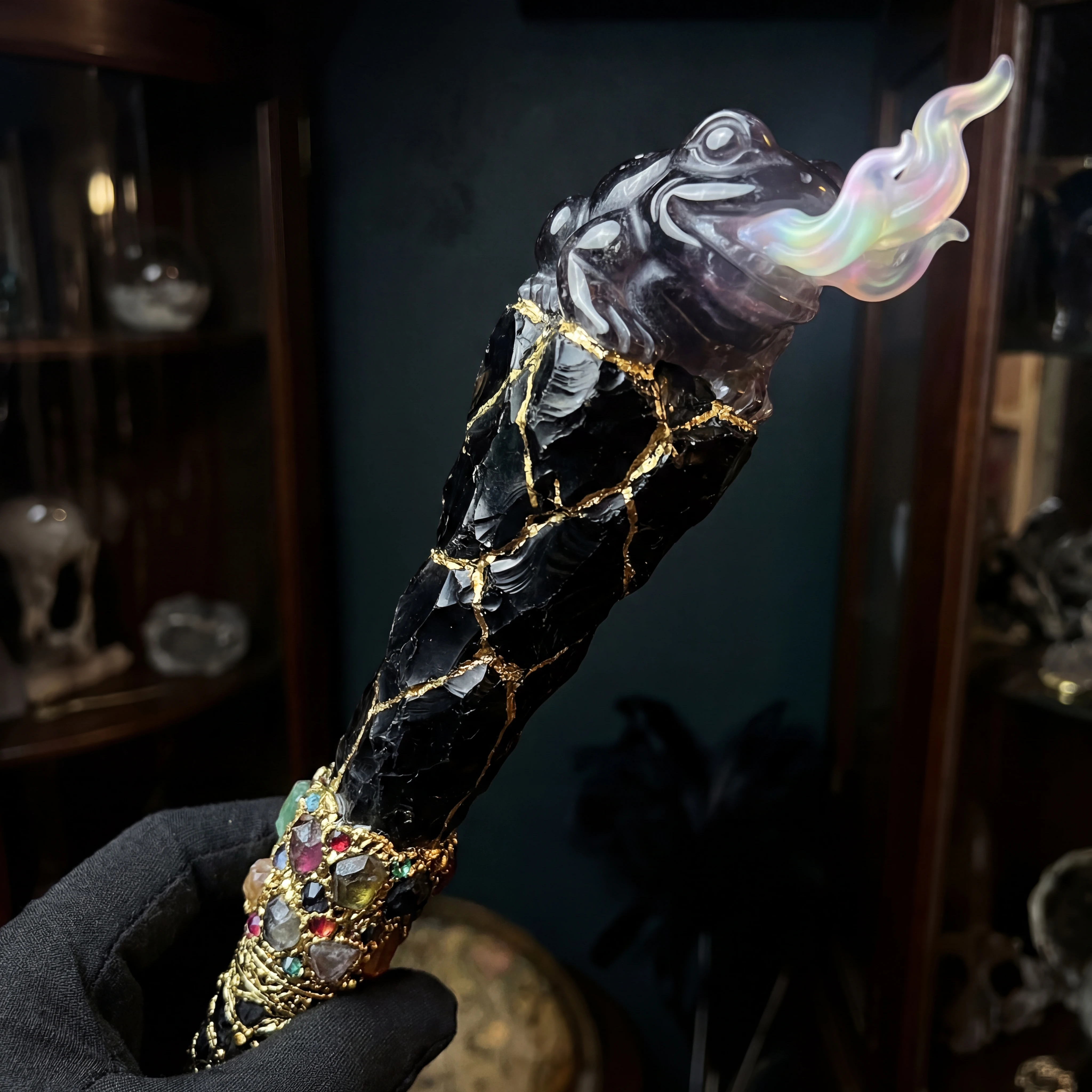 Sceptre en obsidienne ludique avec crapaud rieur et flammes de bonbon