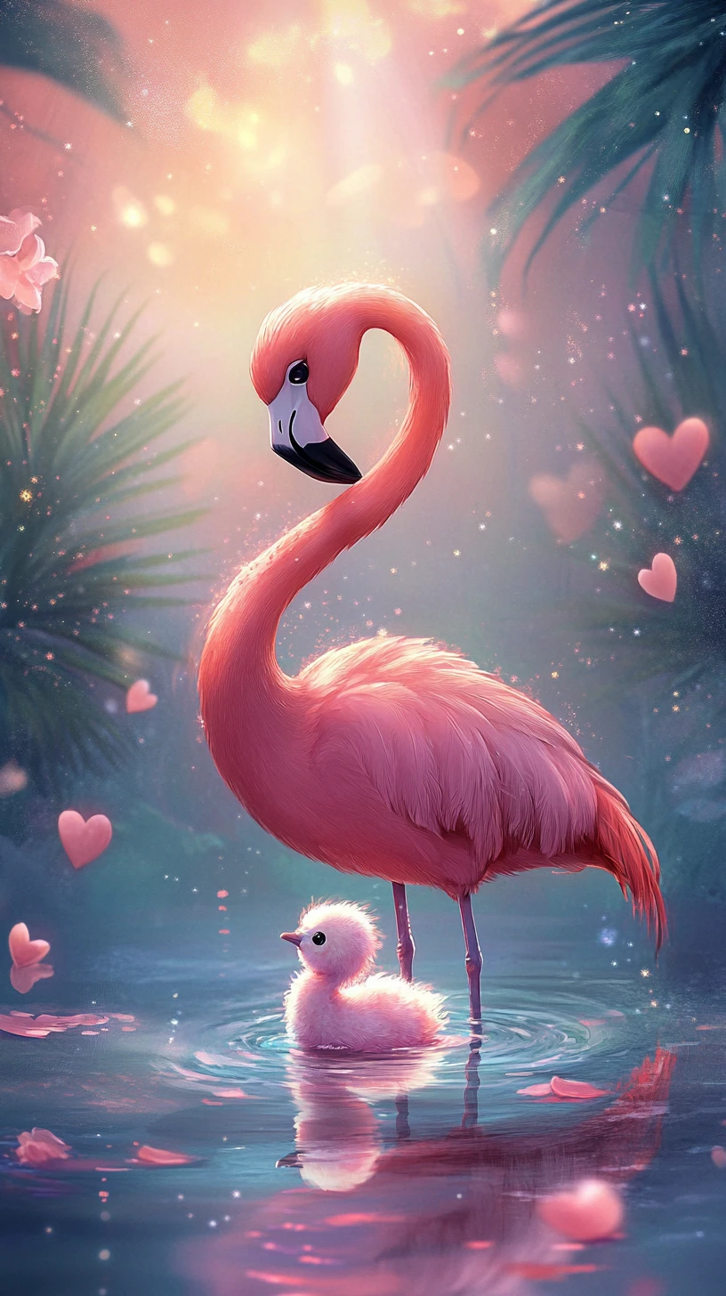 Mãe flamingo surreal protegendo seu filhote em tons pastéis que se dissolve