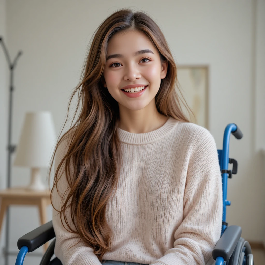 Adolescente souriante en fauteuil roulant dans une pièce lumineuse et minimaliste