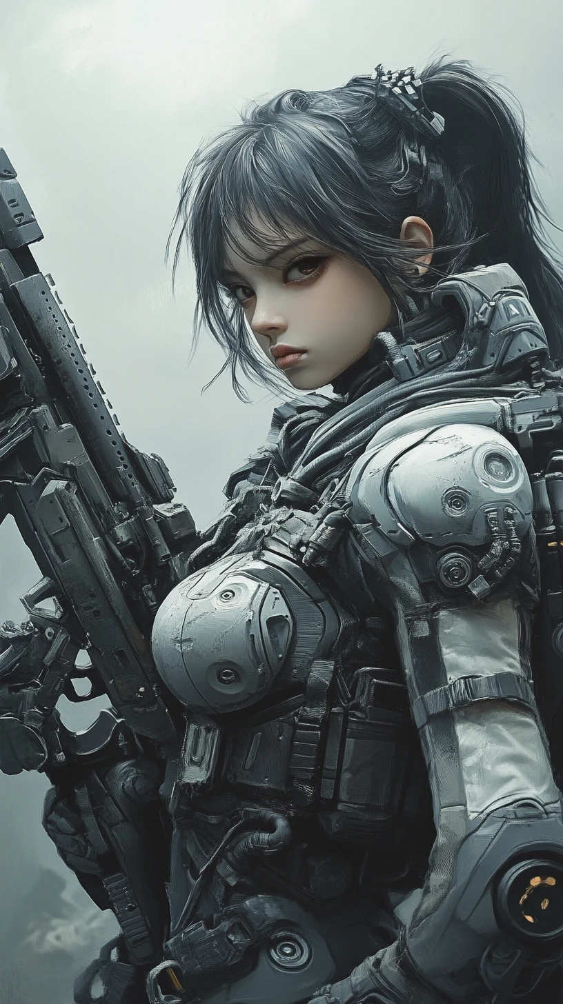 Anime sci fi soldier girl with heavy machine gun in fog