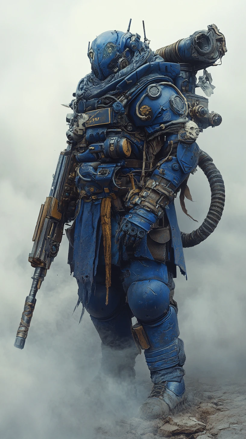 Soldat Warhammer blindé dans le brouillard avec une énorme mitrailleuse