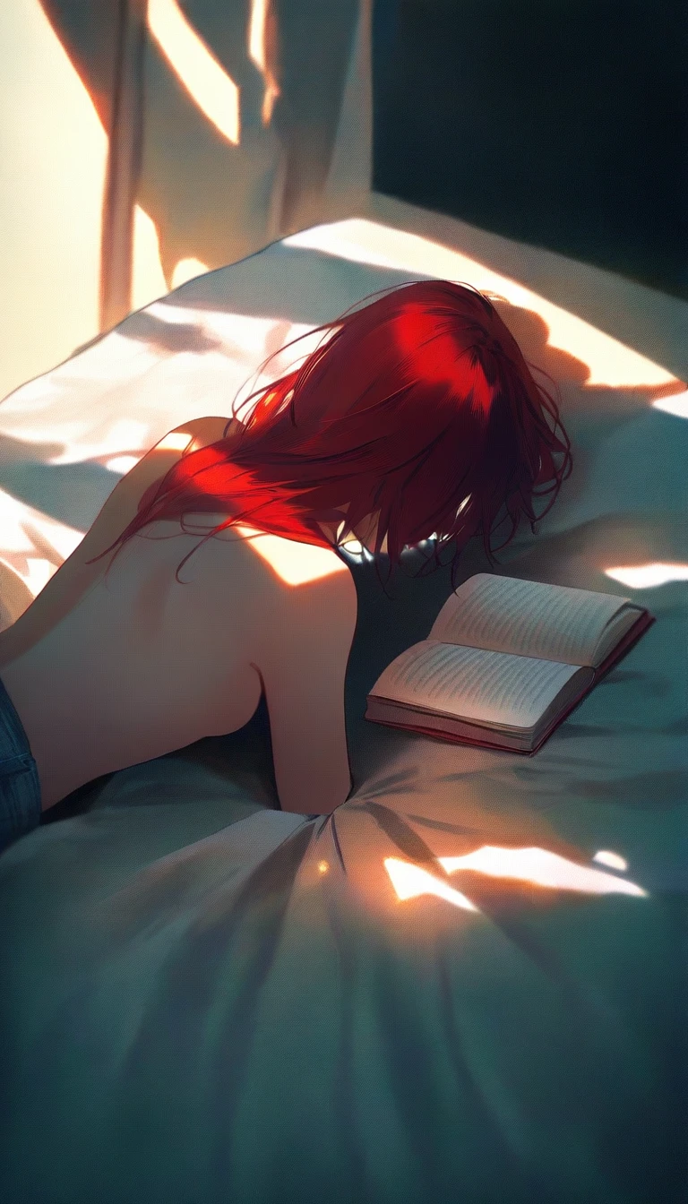 Jovem lendo em cama desarrumada à luz suave da janela