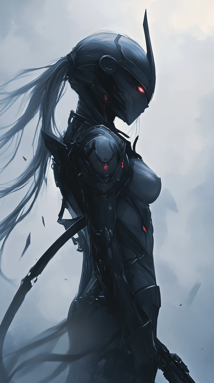 Scarred warrior woman in armor with masked anime face