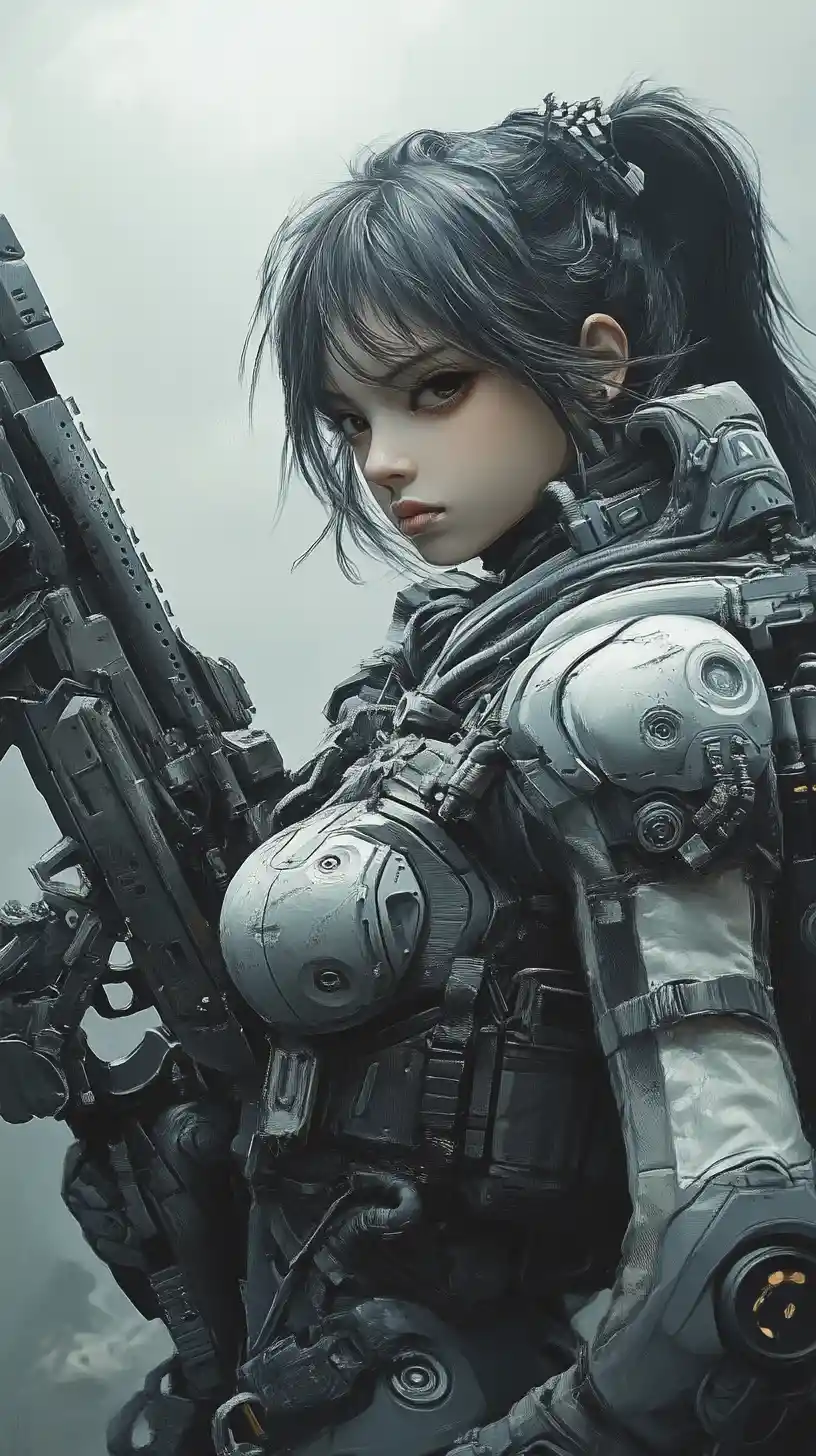 Anime Sci-Fi-Soldatin mit schwerem Maschinengewehr im Nebel