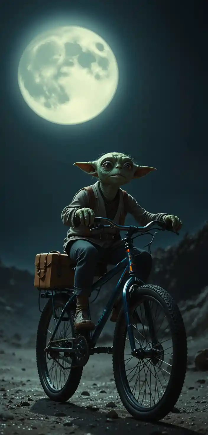 Kinematische Nachtszene mit einem Vintage-BMX vor dem Mond als Silhouette