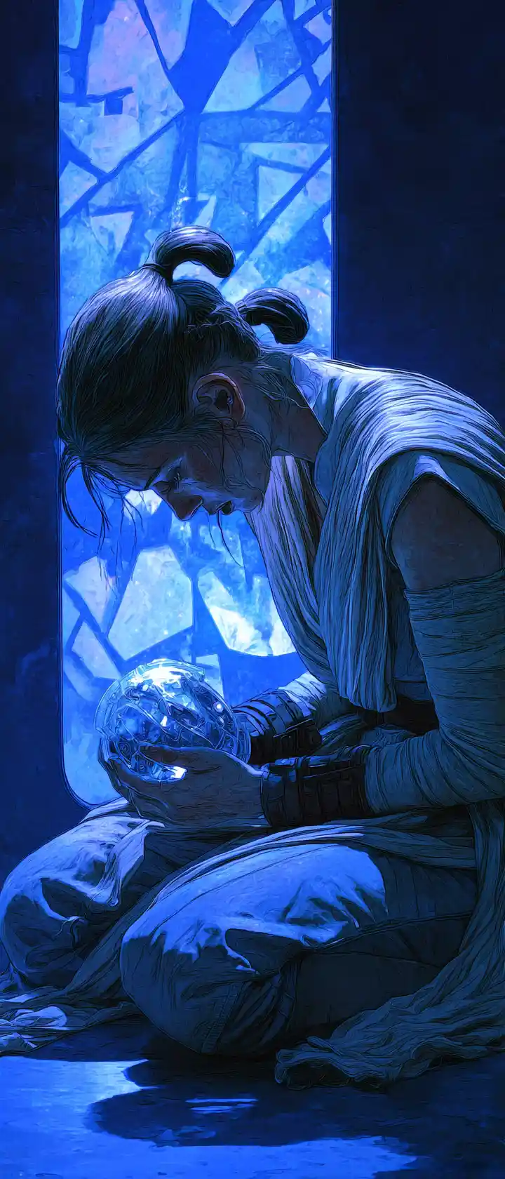 Crying Padawan Cradling Broken Blue Crystal In Dark Chamber