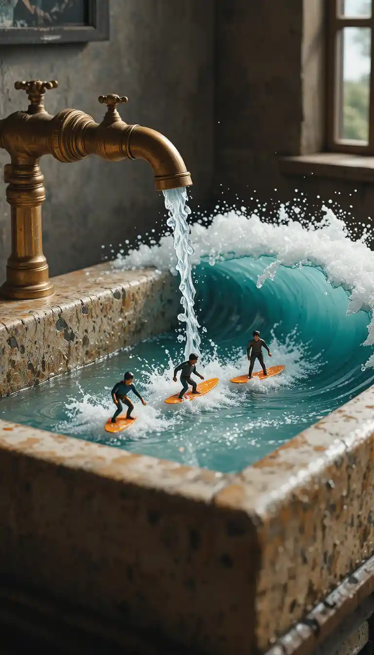 Tiny surfers riding waves inside a rustic stone washbasin